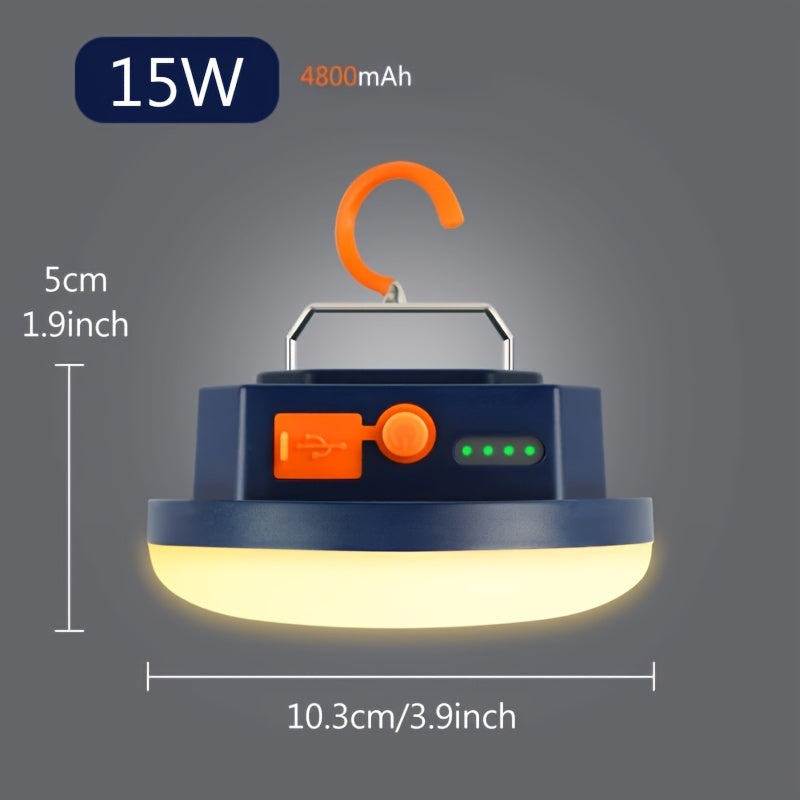 Rechargeable LED camping lantern with magnetic base, 4800mAh lithium battery, 4 lighting modes (including SOS), durable plastic construction, push button control. No accessories included.