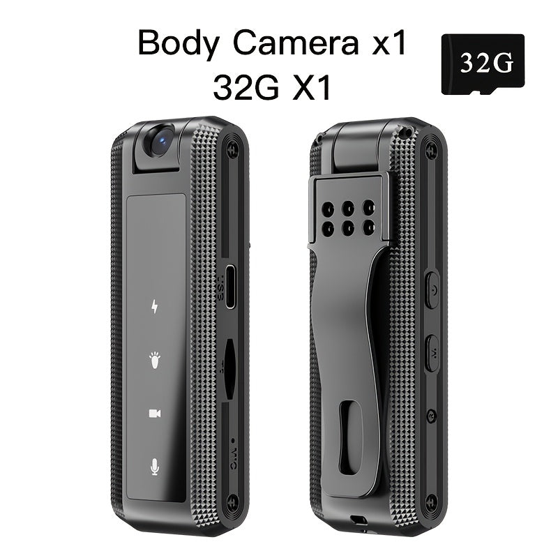 Compact black digital video camera with audio recording, 1080P full HD, night vision, manual focus, rechargeable battery/USB power, TF card slot, ideal for business meetings and outdoor use.