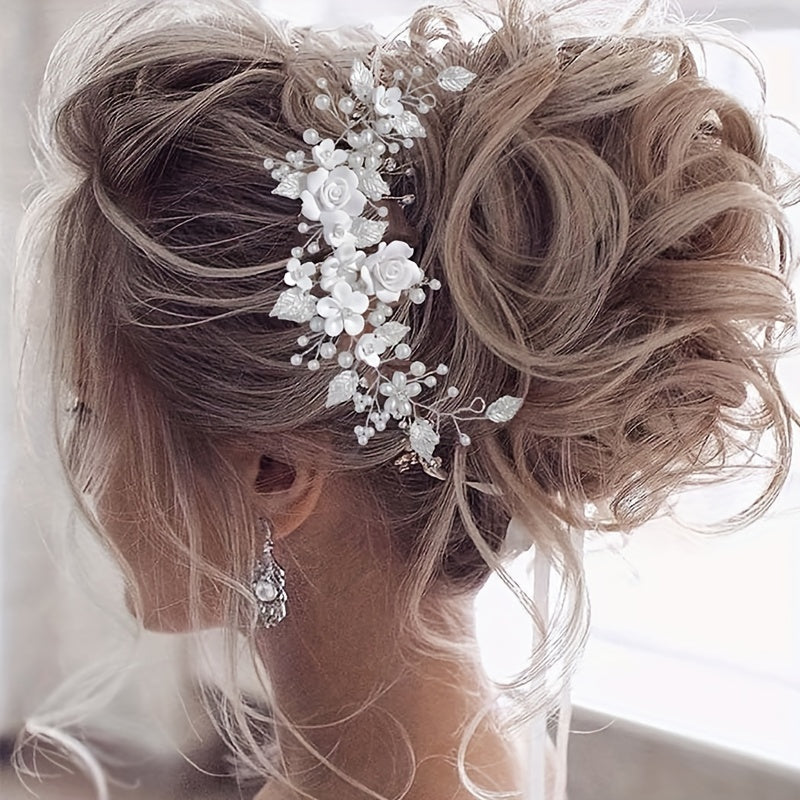 Beautiful Flower Bride Wedding Hair Vine with Pearl and Leaf Accents - Elegant Rhinestone Headband for Women, Ideal for both Special Occasions and Everyday Wear