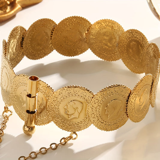 Trendy Tribal-Inspired 22K Gold-Plated Bangle Bracelet with Copper Alloy Coin Links, Perfect for Women to Wear Everyday or for Special Occasions