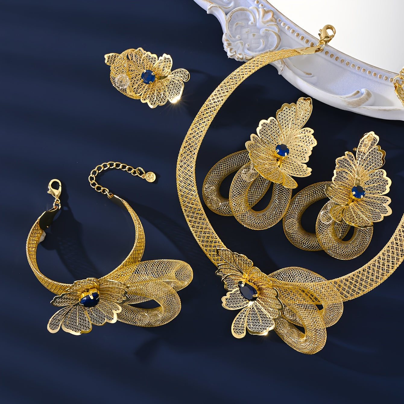 MEIZ Elegant Arabian Style Jewelry Set featuring 5 pieces, crafted with 18K Golden Plated Copper and adorned with Exaggerated Gemstone Design. Perfect for daily wear or as a thoughtful gift, this set is the ideal accessory for Mardi Gras Day celebrations.