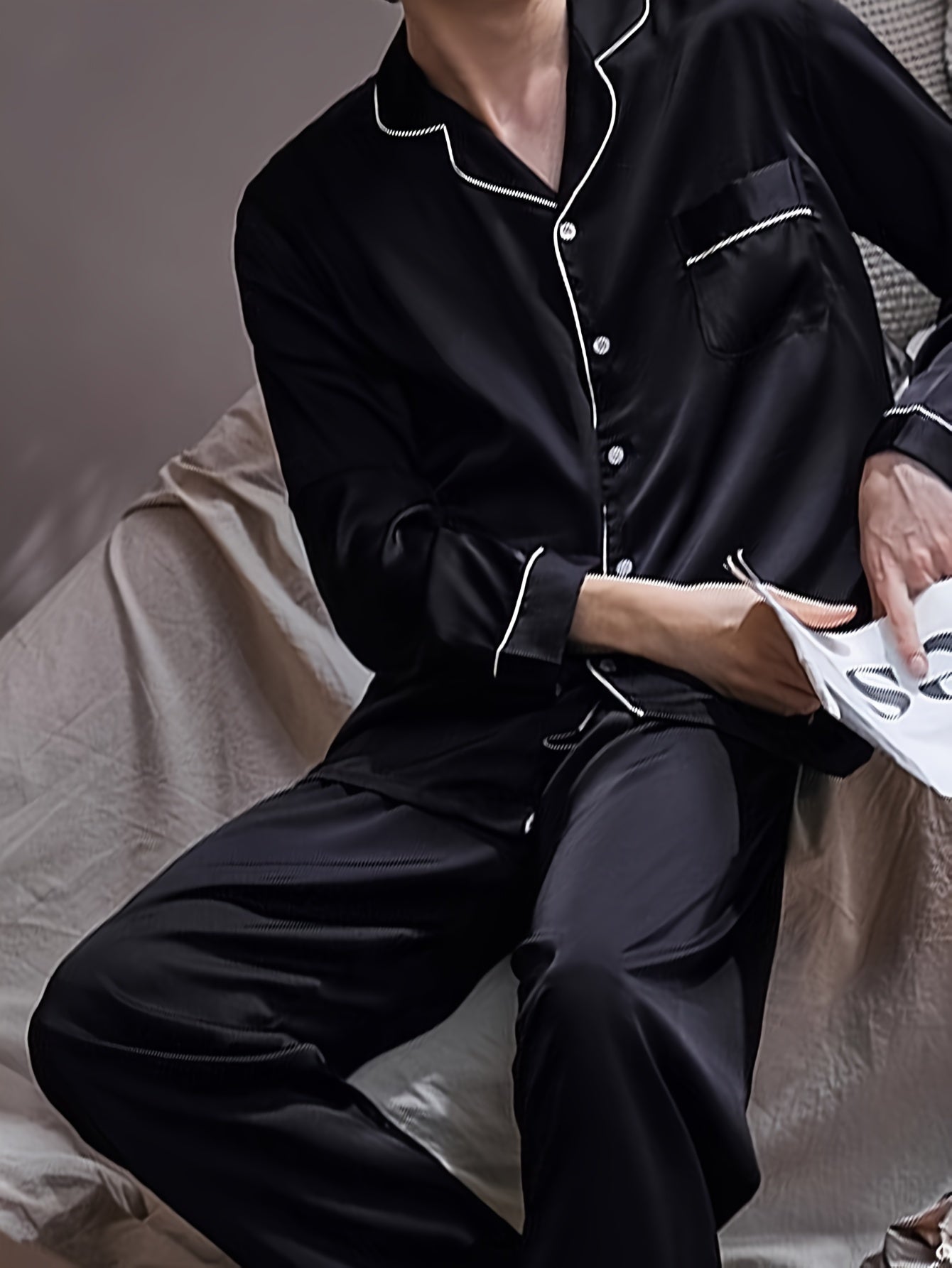 Men's casual pajama set made from large size ice silky fiber fabric, including long sleeve button pocket shirt top and trousers. Suitable for outdoor and home wear in spring, autumn, and