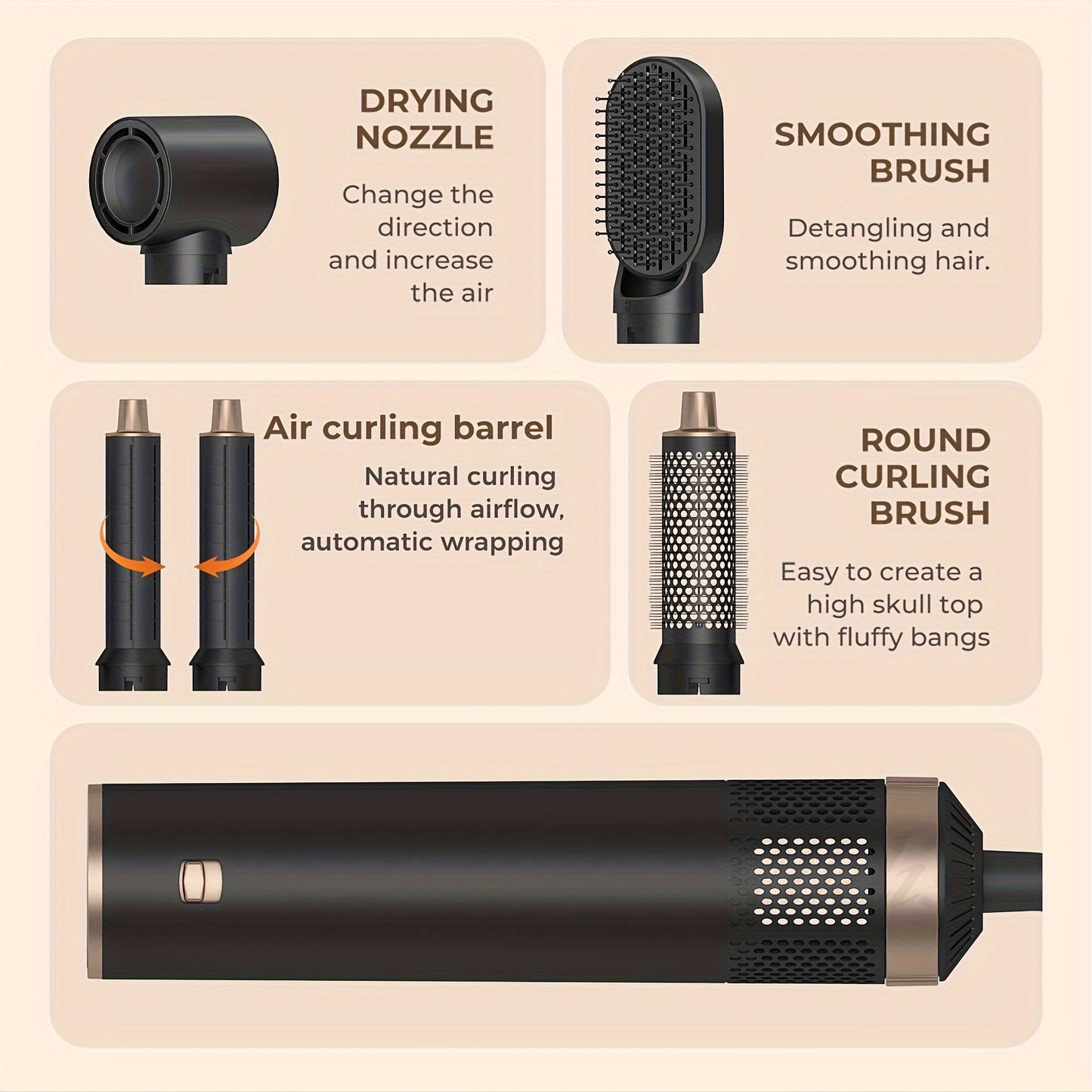 5-in-1 Hot Air Brush with 110000 RPM and 800W power, EU Plug. Can be used for styling, drying, and curling hair.