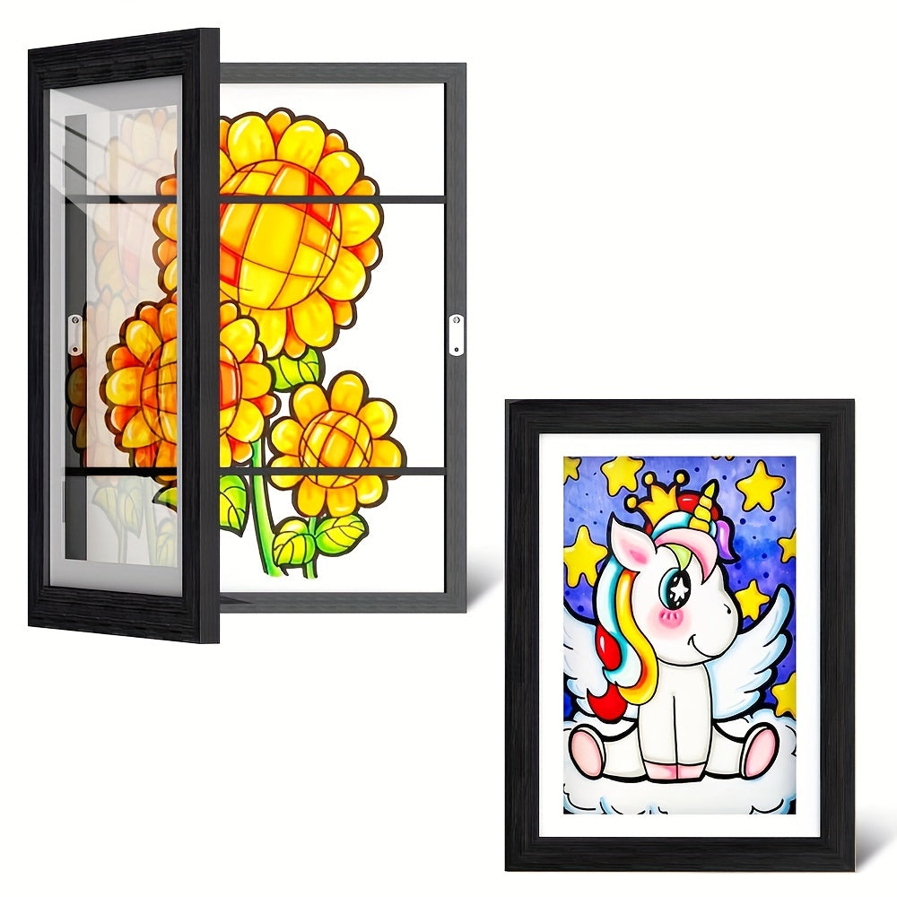 Magnetic storage frame for art photos, easily changeable for front-opening display on walls.