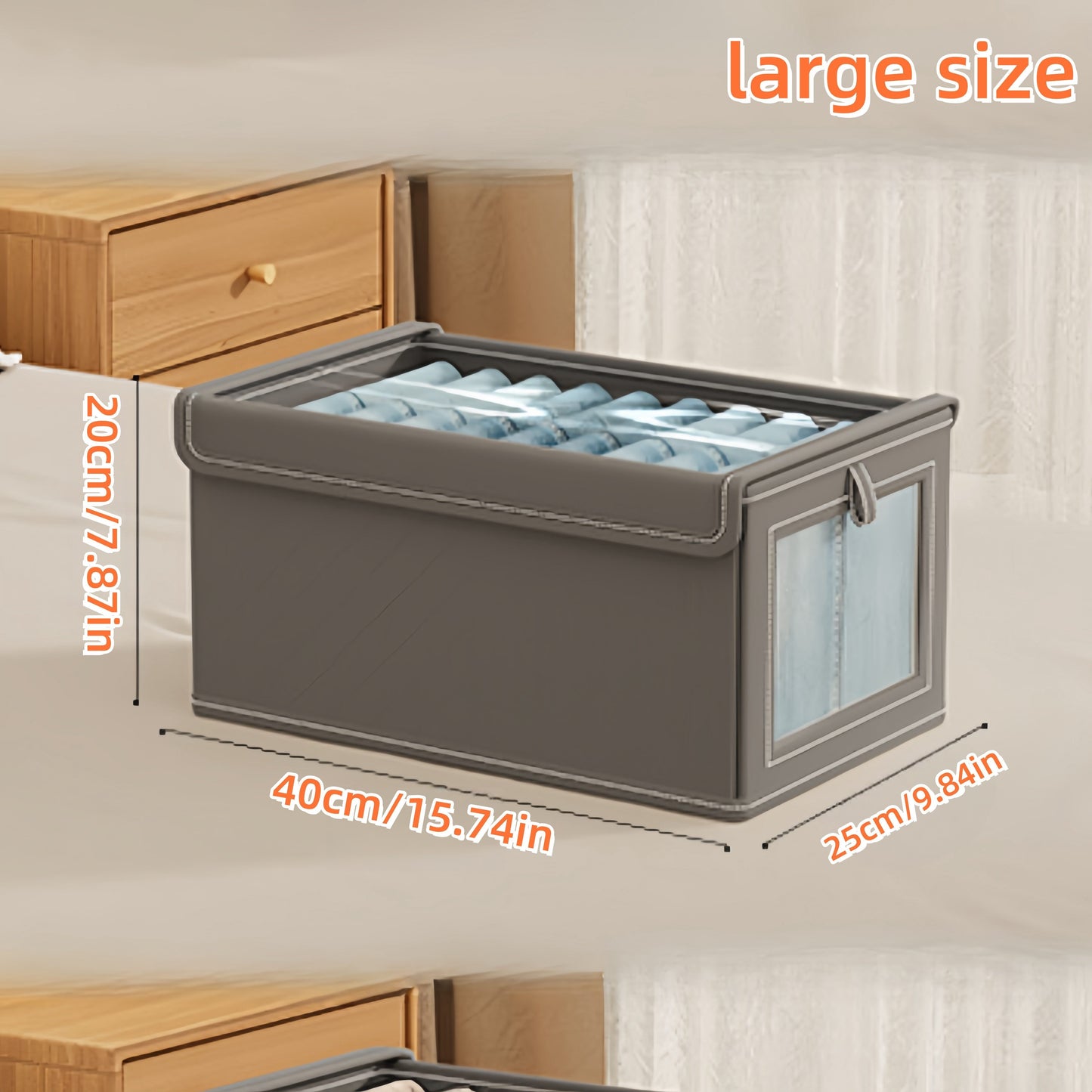 Rectangle fabric storage box with clear window, flip top closure and foldable lid for home organization.