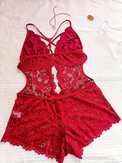 Sexy lace teddy with heart decor, deep V backless bodysuit.