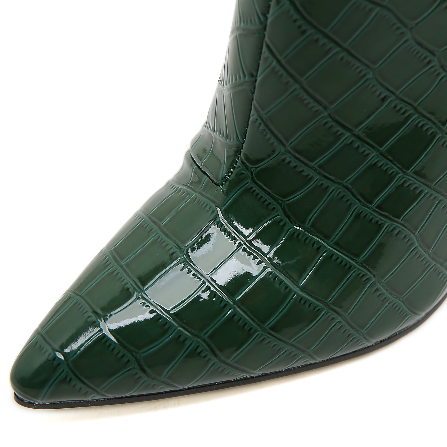 Women's green crocodile pattern ankle boots with stiletto heel, belt buckle detail, pointed toe, synthetic material, non-washable, all-season, rubber sole, and fabric insole.