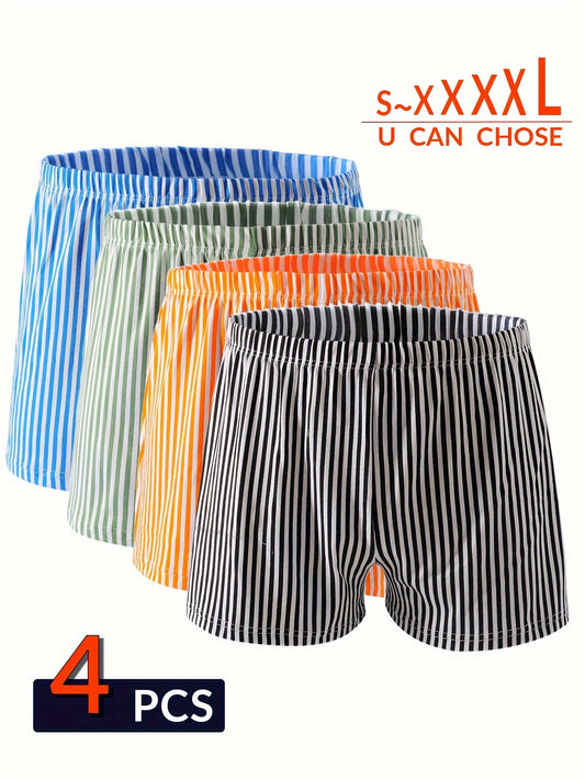 Men's Boxer Briefs 4-Pack: Striped, Comfortable, Breathable, Polyester/Spandex Blend, Elastic Waistband, Casual Style, Long and Wide Legs, Ideal for Home and Travel.