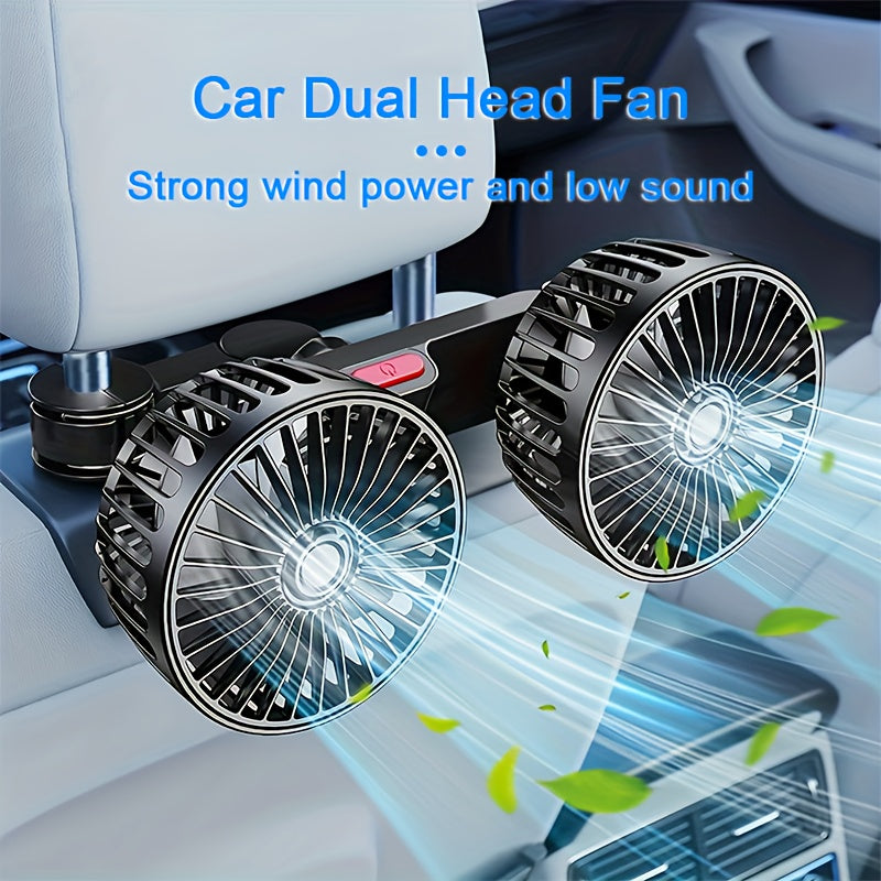 Compact car fan with dual-head rear seat design, providing powerful airflow with 5 blades and 360-degree rotation. Offers large air volume and operates quietly, with easy clip installation and foldable design that hides under the headrest. Removable for