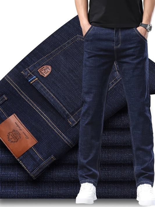 Black denim jeans with patch & embroidery, stretchy and slim-fit for all occasions.