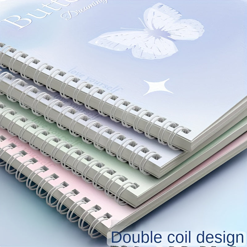 Set of 4 A5 butterfly dream coil notebooks with wide ruled spiral design, durable high-quality paper, lay-flat 360° design, cute and stylish for writing and notes.