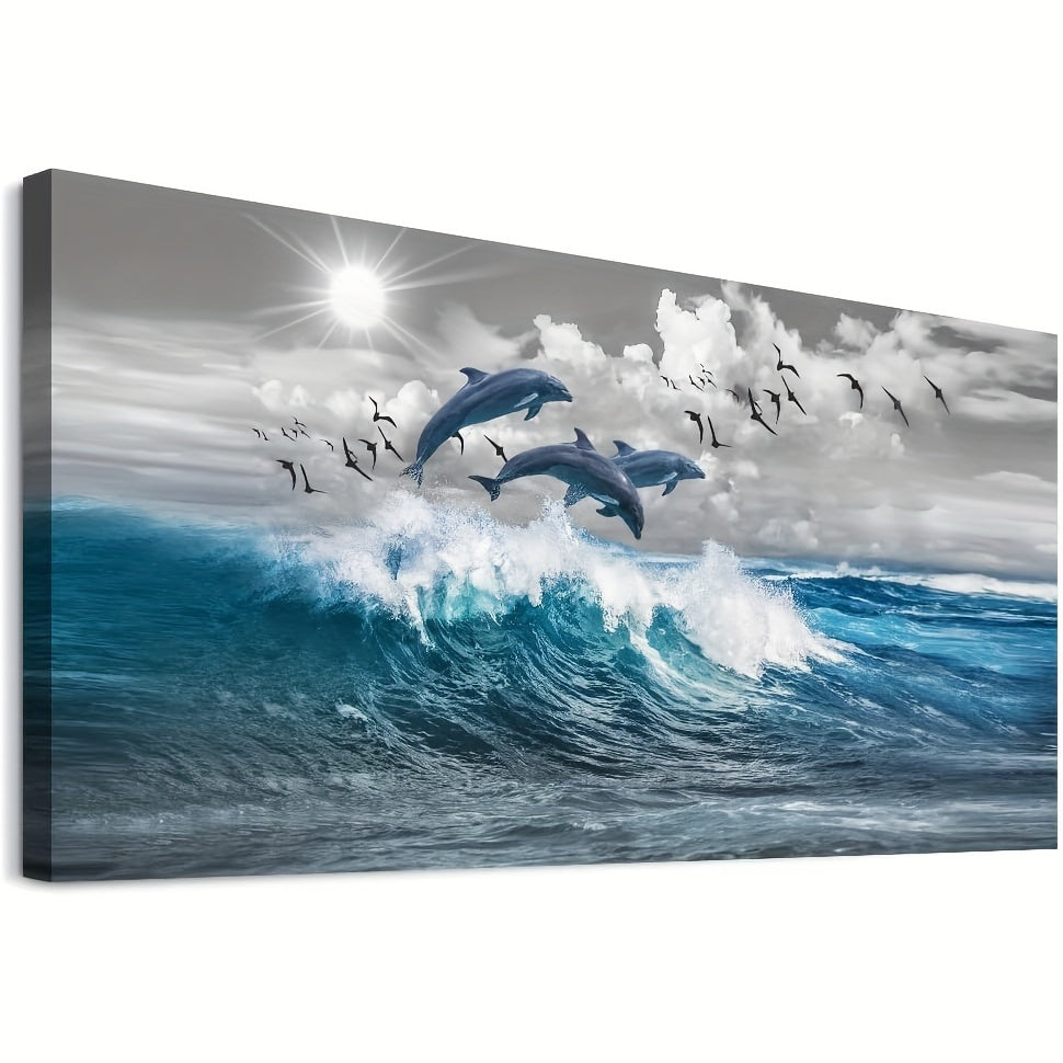 Canvas wall decoration for living room or bedroom featuring a modern blue wave design with dolphins. This large canvas art print measures 12 x 24 inches (30.64 x 60.96 cm) and comes frameless for a sleek and contemporary look. Perfect for adding a touch