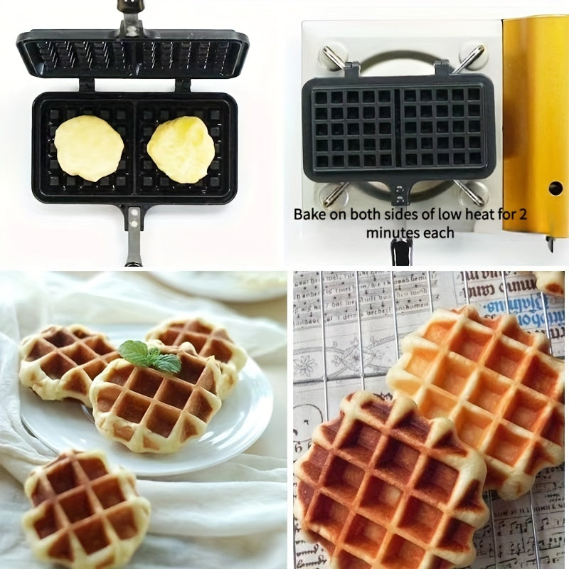 Get ready to make delicious double-sided waffles at home with this durable aluminum alloy waffle maker featuring non-stick plates and a long handle for easy flipping.