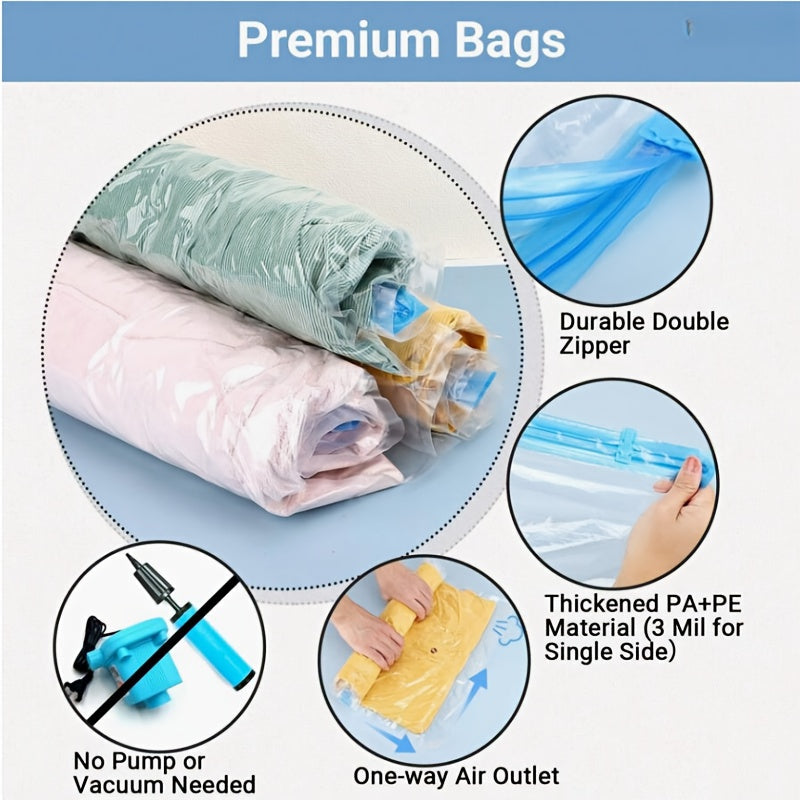 Pack of 7 Compression Bags - Save Space without the Need for a Vacuum or Pump! Easy-to-use Hand Roll Storage Bags for Travel Enthusiasts. Ideal for storing both dry and wet items compactly. Travel with ease and confidence!