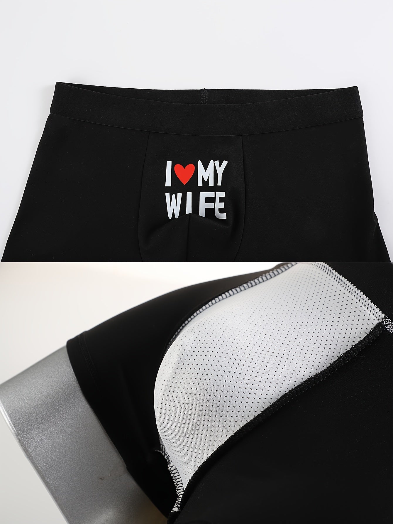 Men's 'I Love My Wife' glow-in-the-dark boxing shorts in a single pack. Soft, durable, and skin-friendly novelty underwear made from knitted fabric, perfect as a stylish and romantic