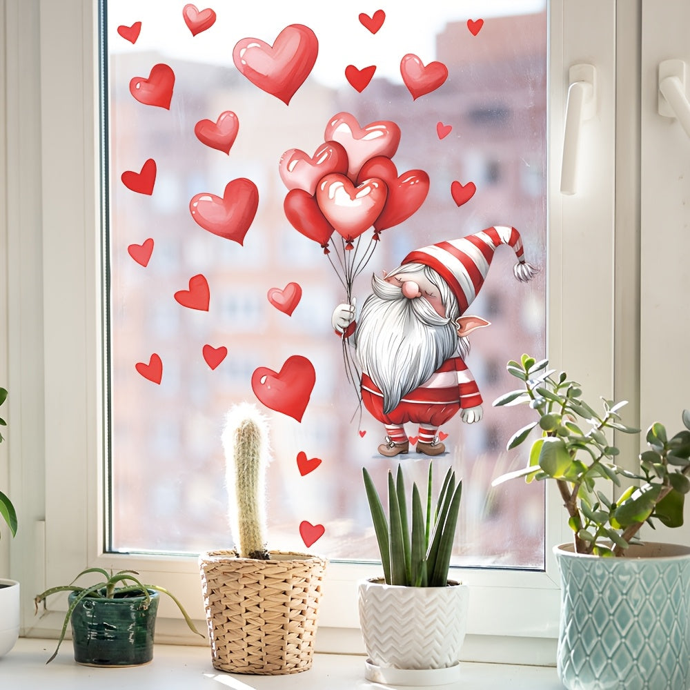 Valentine's Day Gnome and Heart Window Clings in Pink and Red - Self-Adhesive Decals for Home and Kitchen Decor, Ideal for Anniversaries, Weddings, and Valentine's Day - Farmhouse Truck, Holiday Wall Stickers and Decorations