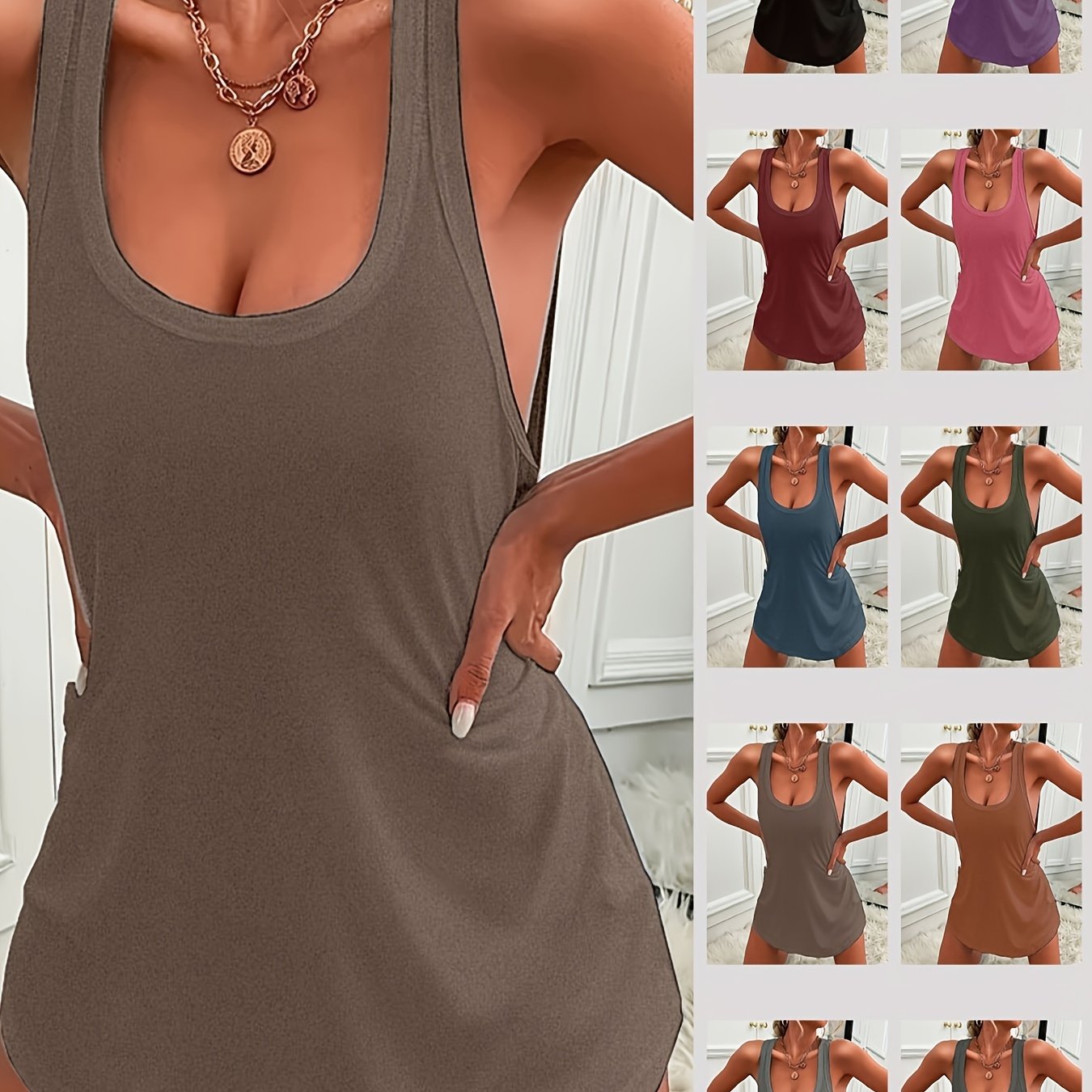 Casual solid sleepwear tank dress with racer back and curve hem for women, comfortable nightgown.