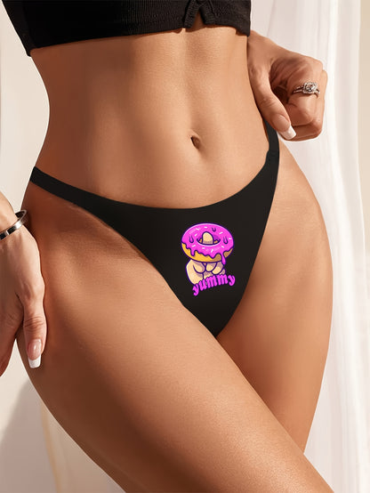 Sexy women's thong underwear featuring donut print and fun letter graphic, made of breathable quick-dry nylon fabric.