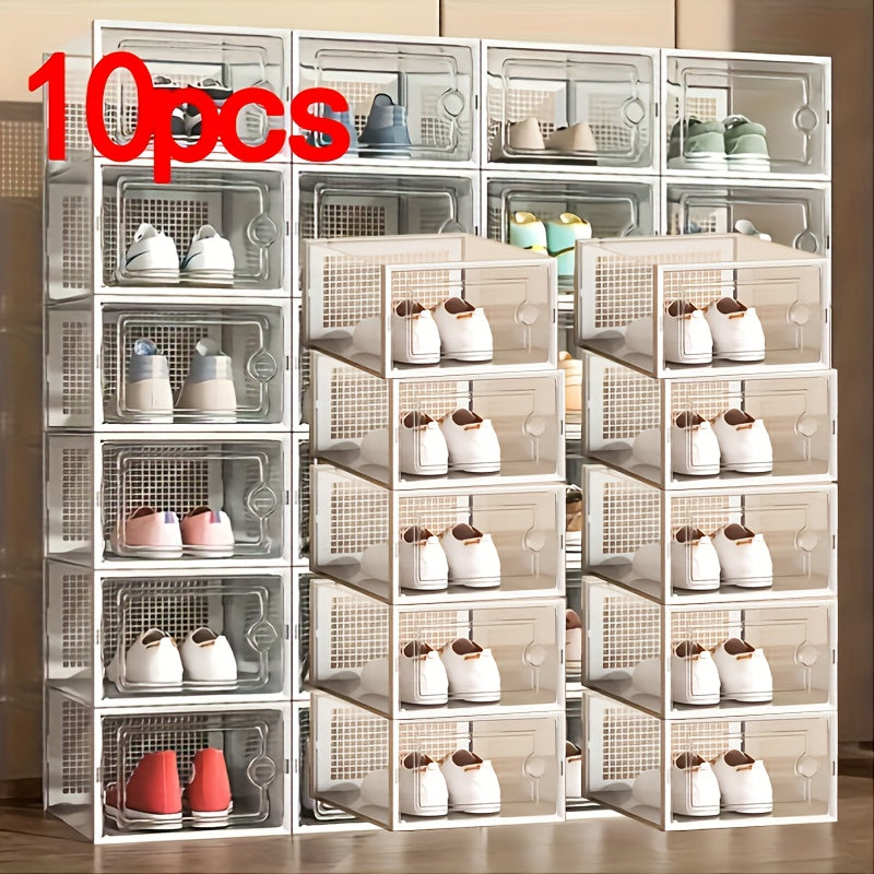 An assortment of clear plastic shoe containers in different dimensions, created for easy stacking and acting as multiple-tier shoe storage units that keep dust at bay. These adaptable shoe organizers are ideal for showcasing in homes and dorm rooms