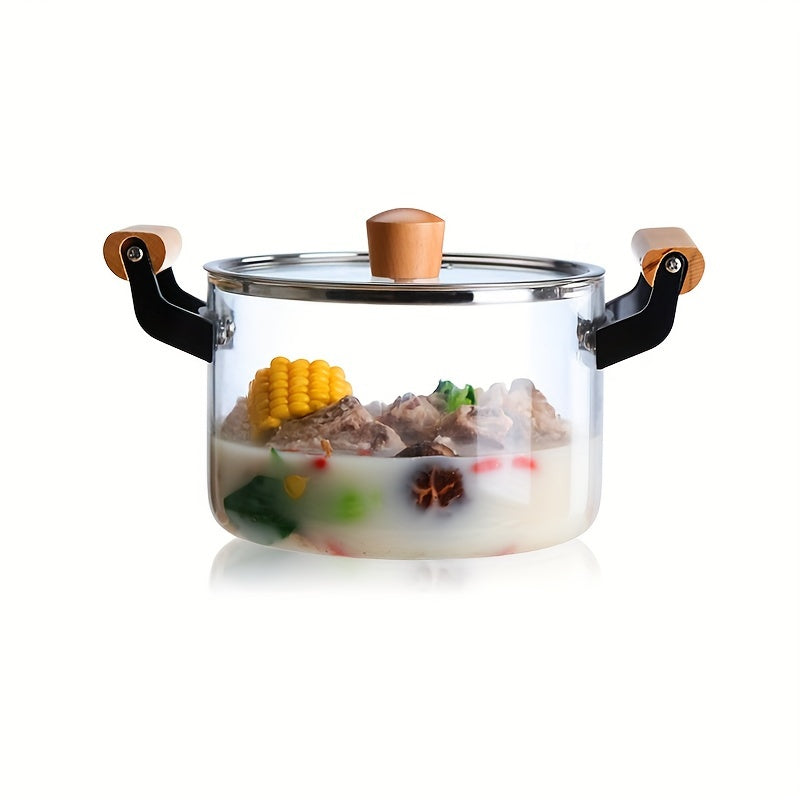 This soup pot with a lid and double wooden handle is perfect for cooking a variety of dishes. Made of safe glass, this household kitchen glass cooker is ideal for making pasta, noodles, soup, juice, and milk. Complete your kitchen supplies with this