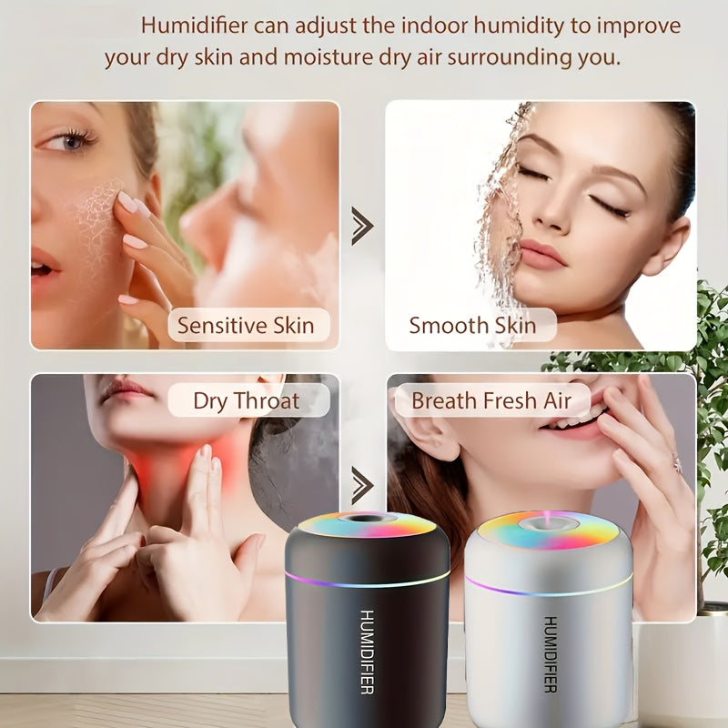 Mini USB humidifier with cold mist, suitable for various spaces, equipped with 2 mist modes.