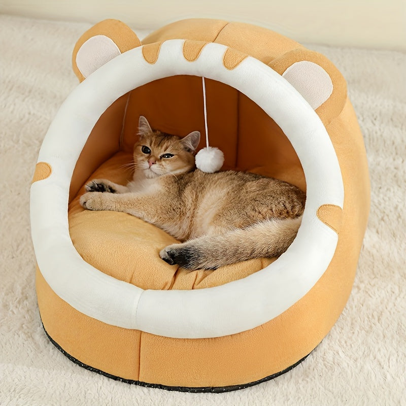 Cozy cat-shaped bed with soft polyester fiber, breathable and comfortable for all seasons. Suitable for small to large cats.