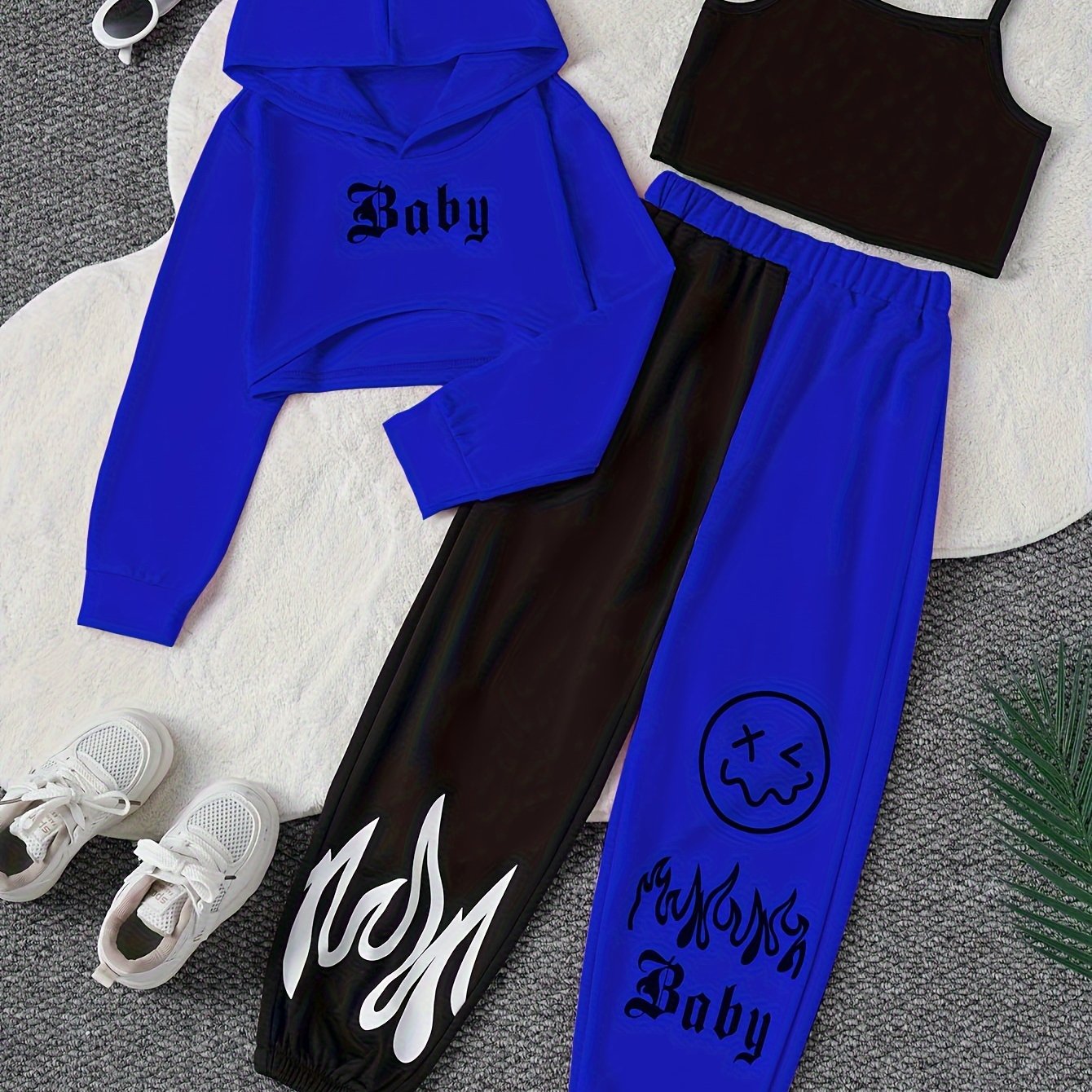 3-piece casual outfit set includes a blue hoodie, black tank top, and face print pants with white sneakers, made of stretchy polyester fabric; perfect for spring/summer/fall wear and