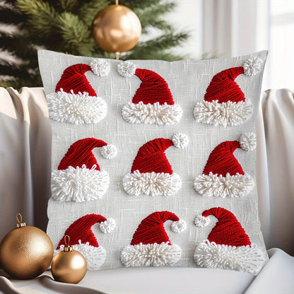 Christmas Santa hat design throw cushion cover, single sided, hand wash only, 44.96x44.96 cm, zipper closure, 100% polyester, festive weave, no insert.