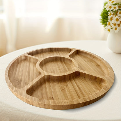 Stylish round bamboo tray for serving snacks and fruits in the kitchen or dining room.