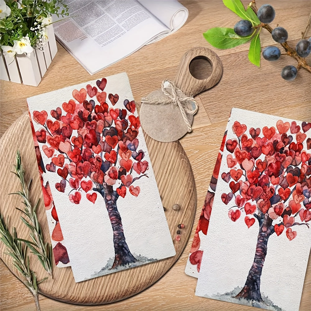 Two pieces of luxurious Valentine's tree kitchen towels that are incredibly soft and highly absorbent. These machine washable dish hand towels feature a romantic heart design, measuring 40.64x60.96 cm. Perfect for holiday decor and drying dishes, these