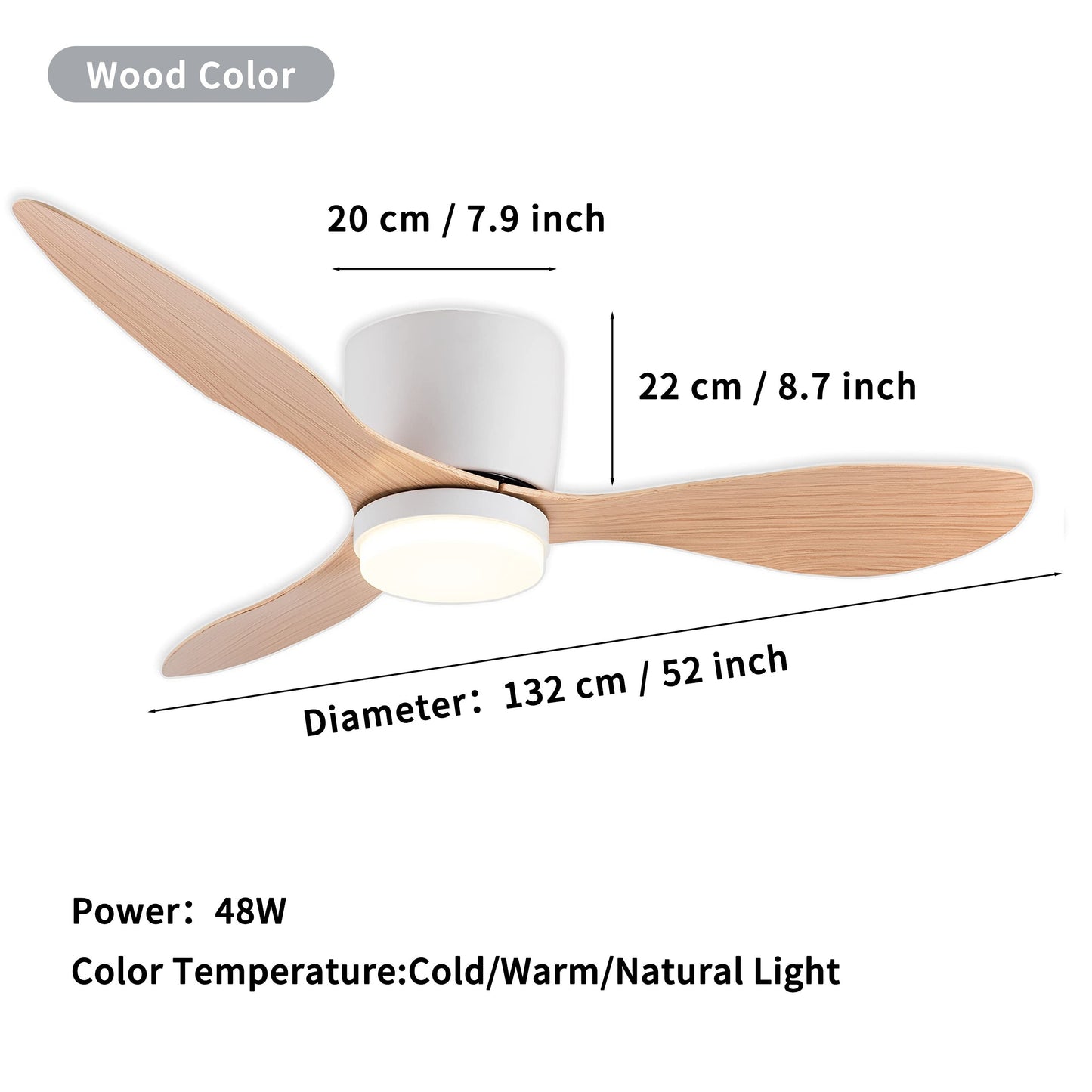 52/42 inch modern ceiling fan with LED lights, remote, adjustable color temperature, 6 wind speeds, 3 blades. For indoor use in living room, bedroom, dining room. Hardwired, 85V-265V. Model