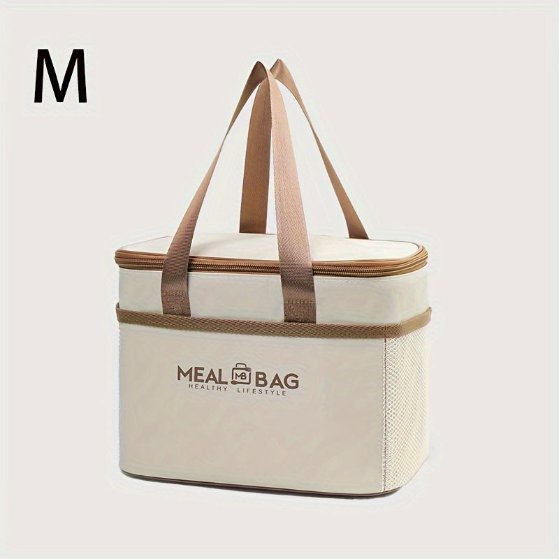 Set of insulated lunch bags with handle, made of hand washable light beige polyester material, featuring a thick aluminum foil lining for insulation. These waterproof thermal food container totes come in three different sizes, perfect for work or school.