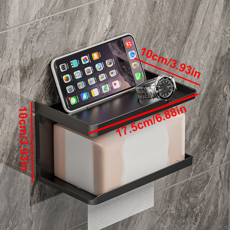 Toilet paper holder in black plastic with drawer, can be wall-mounted. Versatile organizer for bathroom and kitchen, doubles as storage rack. Does not require electricity. Ideal for hotels and includes bathroom accessories.