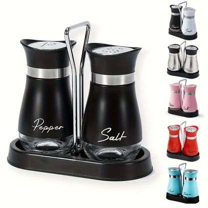 A set of salt and pepper bottle sets with 1 stand and 2 bottles. Glass bottom jars with stable stand, used for kitchen utensils, cooking tables, RVs, camping, barbecues, and seasoning.