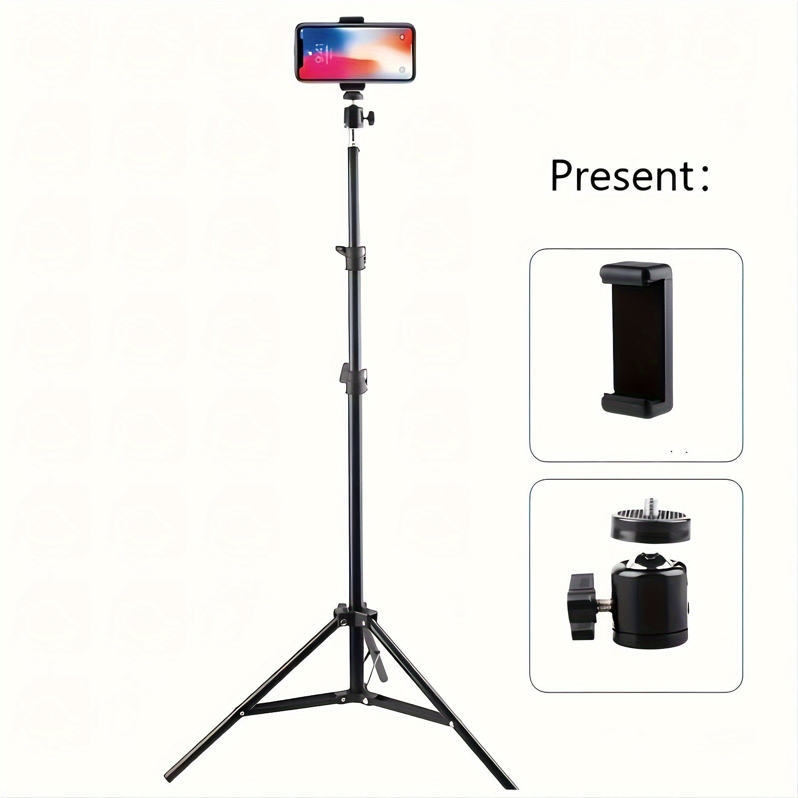 63-inch adjustable tripod stand with multi-functional brackets and black iron mobile phone holder. Sturdy floor design for photography, video calls, and live streaming. Perfect for