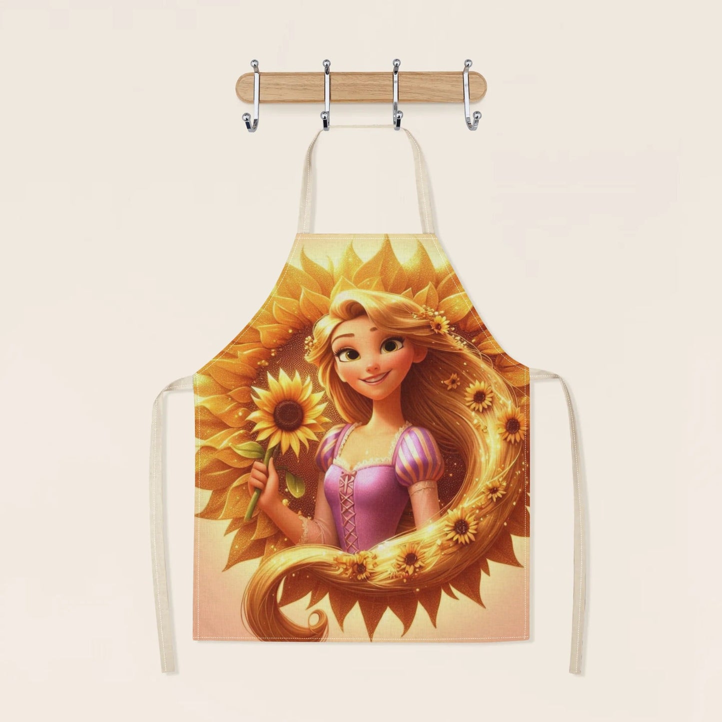 Waterproof Disney Elsa apron featuring a vibrant cartoon princess design with sunflowers. Perfect for use in homes, restaurants, cafes, and supermarkets. Made from durable polyester for easy care and versatility. Glossy finish adds a polished touch to