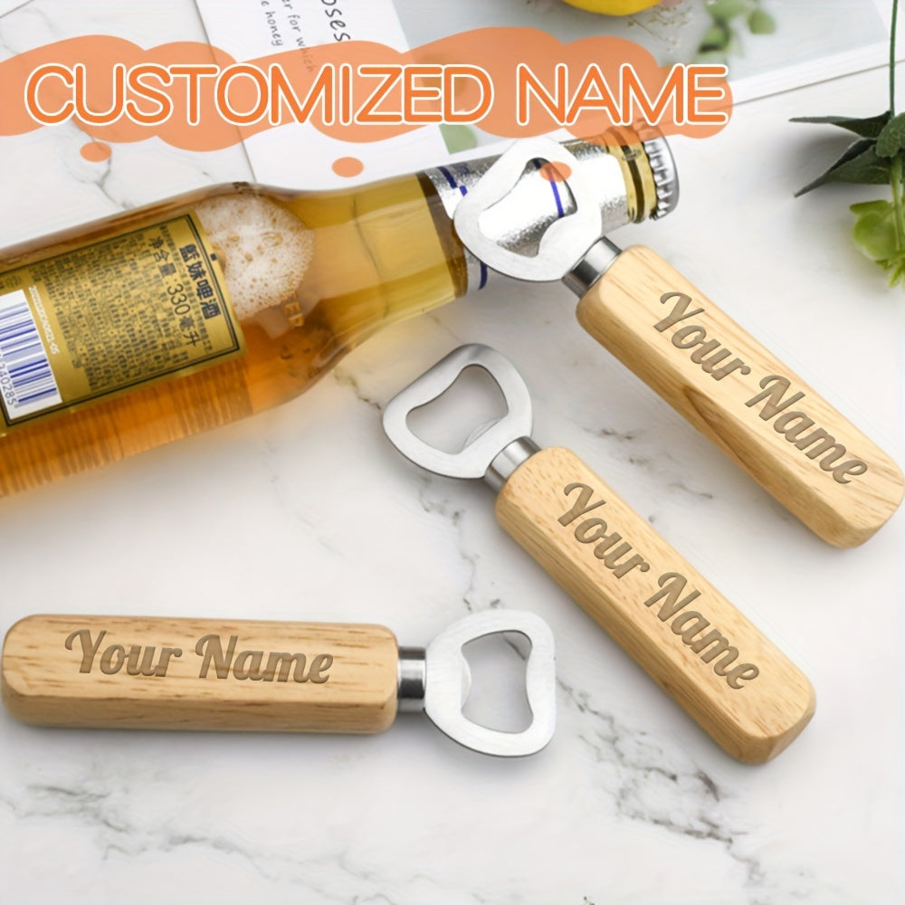 Custom wooden handle opener with engraved logo/name/phone number, perfect for beer festivals and holidays. Stainless steel cap lifter keychain, no power needed.