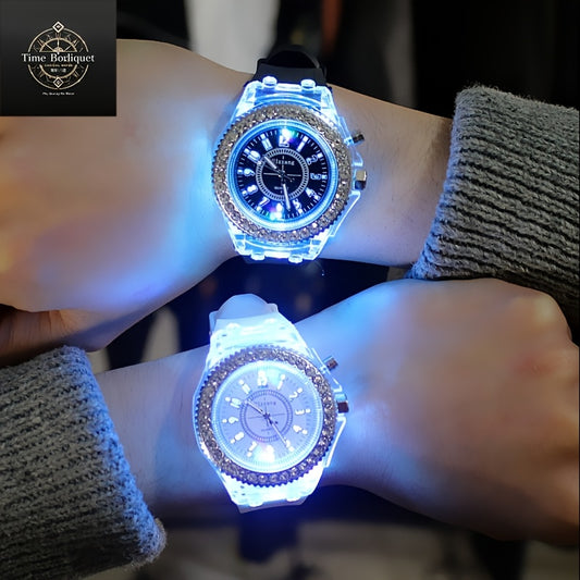 Glow-in-the-Dark Silicone Watch with Rhinestone Accents, LED Time Display for Men, Women, & Youngsters, Quartz Movement, Casual Fashion Accessory, Fun Nightwatch, Analog Display, Silicone