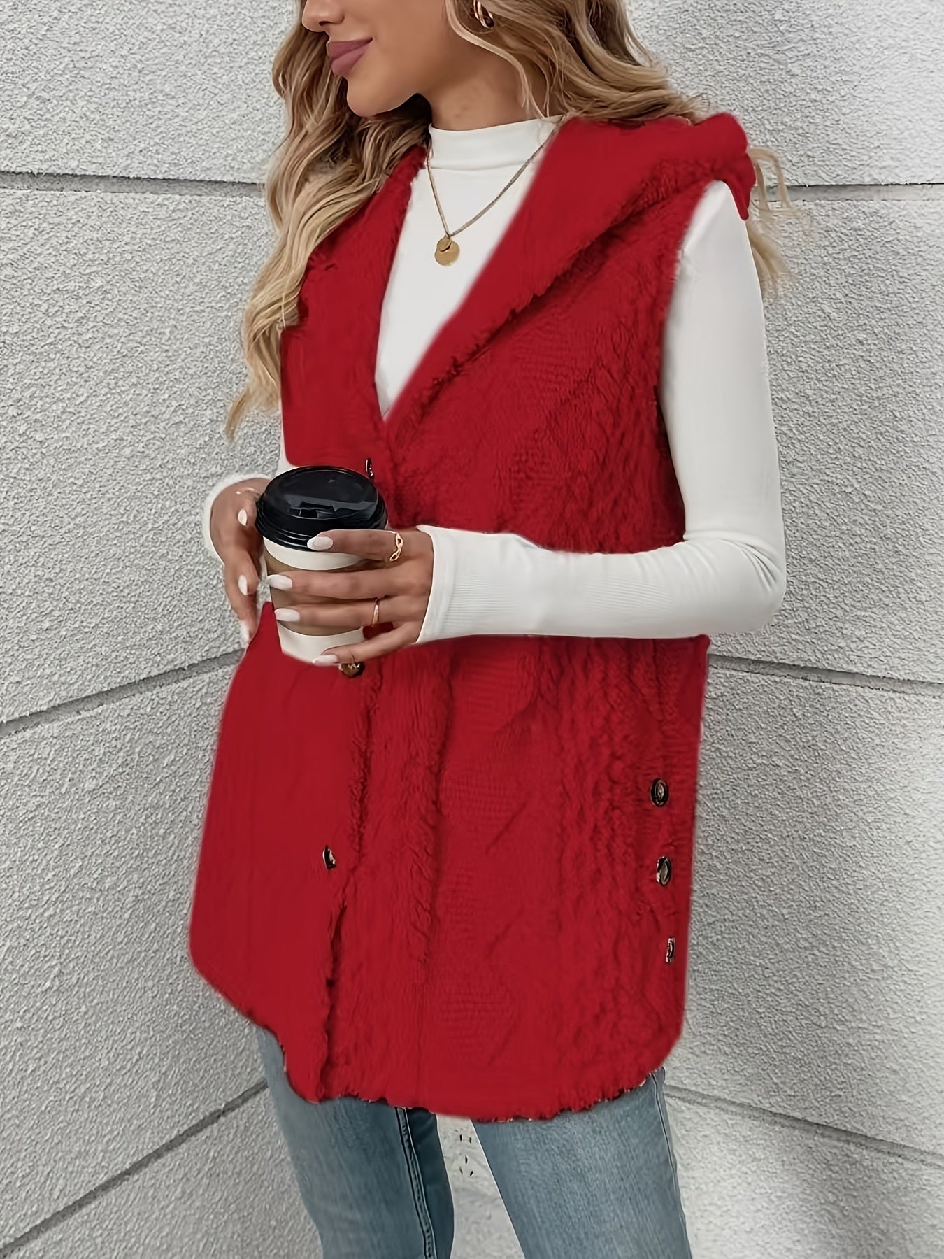 Sleek sleeveless hooded vest for women in solid color with plush texture and button detail. Machine washable and perfect for fall & winter.