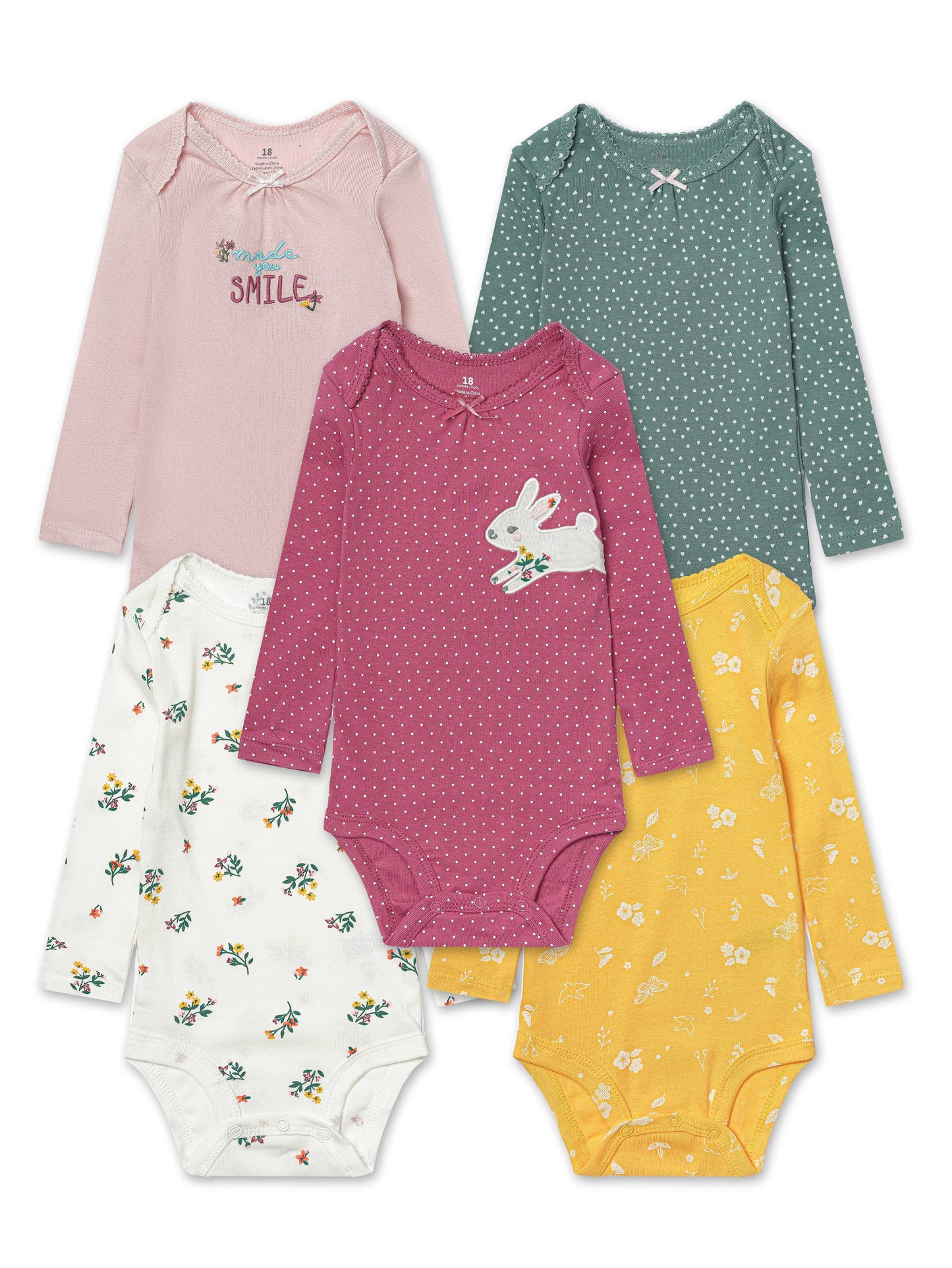 5 baby triangle bodysuits with cartoon pattern.