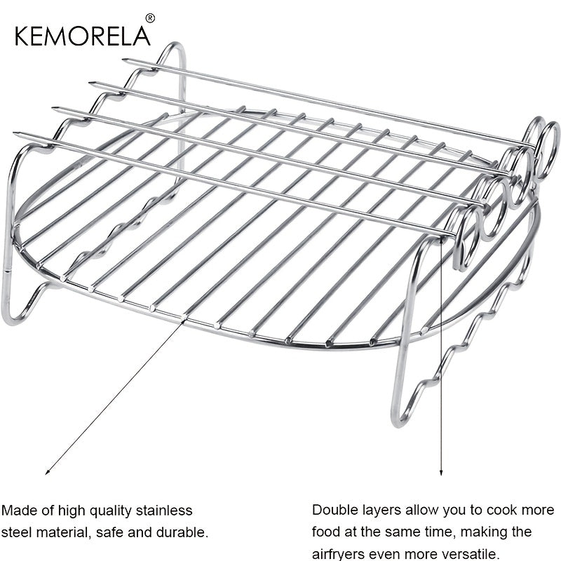 The KEMORELA Air Fryer Rack is a versatile set of 6 accessories designed for use in air fryer ovens. This double-layer rack includes skewers, a baking tray, a replacement BBQ rack, and a bacon fries chicken vegetables baking rack. Compatible with popular