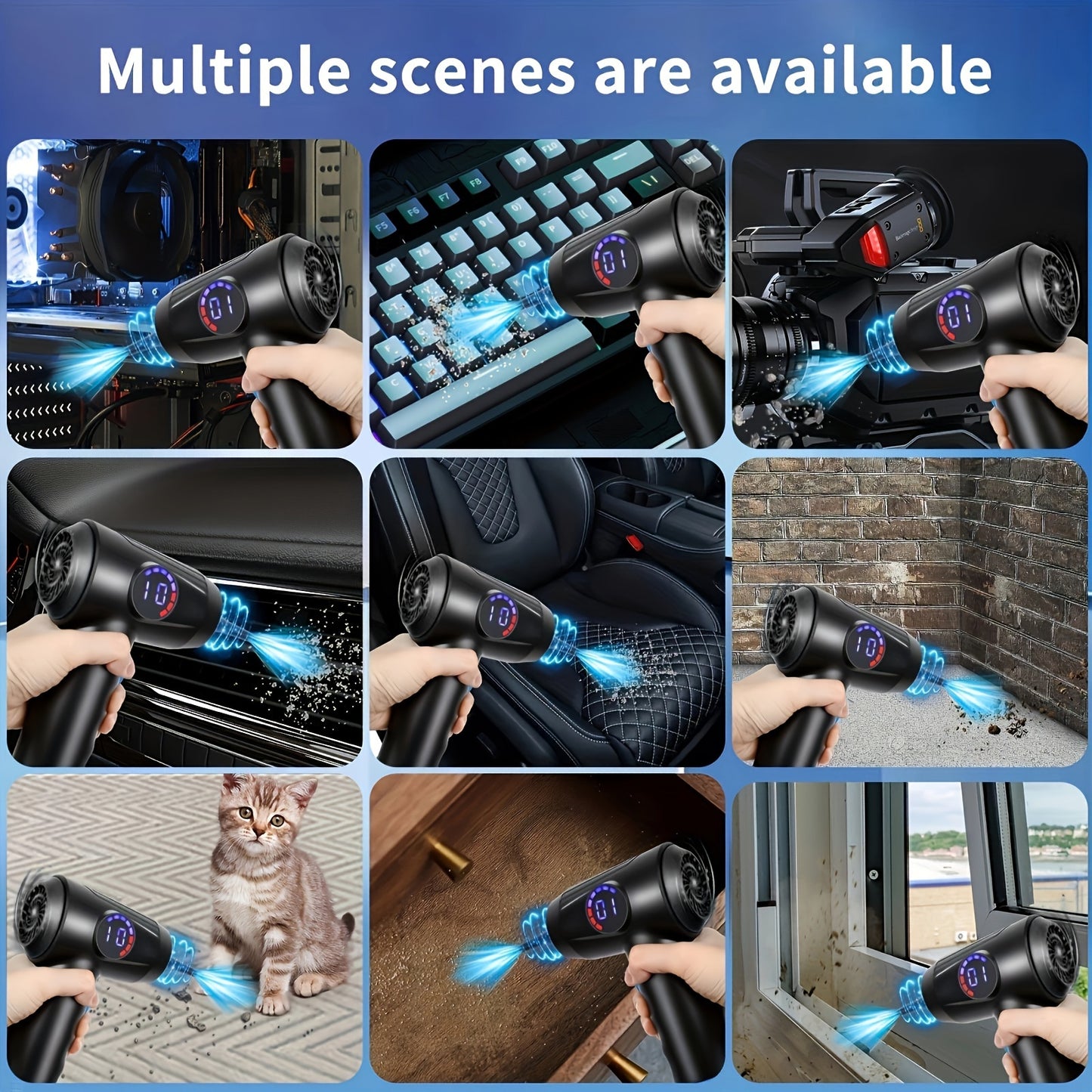 Cordless compressed air duster with 4 nozzles, LED light, 51000 RPM, 4-speed adjustable electric blower, fast charging, portable cleaner for computers, keyboards, electronics, and more.