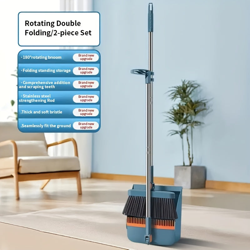 Two-Piece Magnetic Cleaning Broom Set Includes Foldable Soft-Bristle Broom And Squeegee with Rotating Design