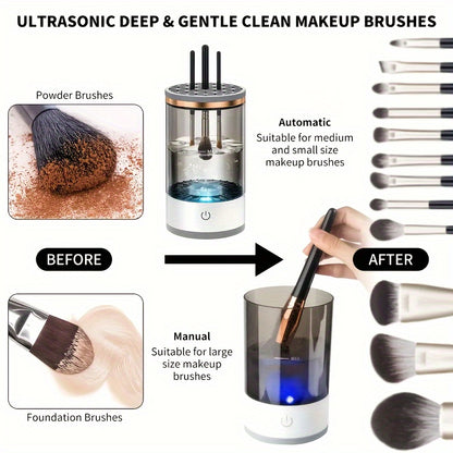 Electric makeup brush cleaner and dryer machine with USB power and universal silicone cap for all brushes, providing fast cleaning and drying for home use.