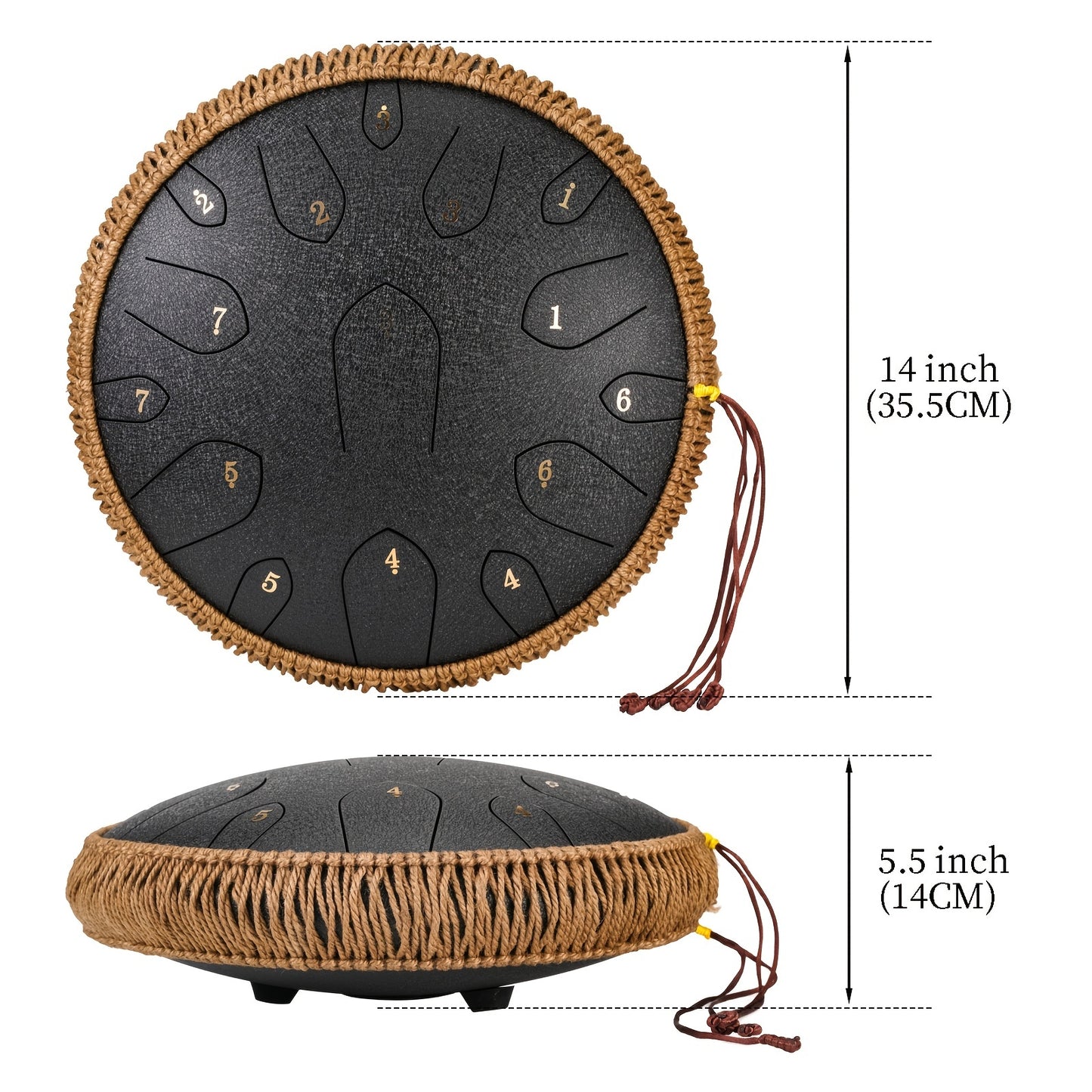 35.56 cm steel tongue drum in D key with mallets, bag, and book for music education and entertainment.