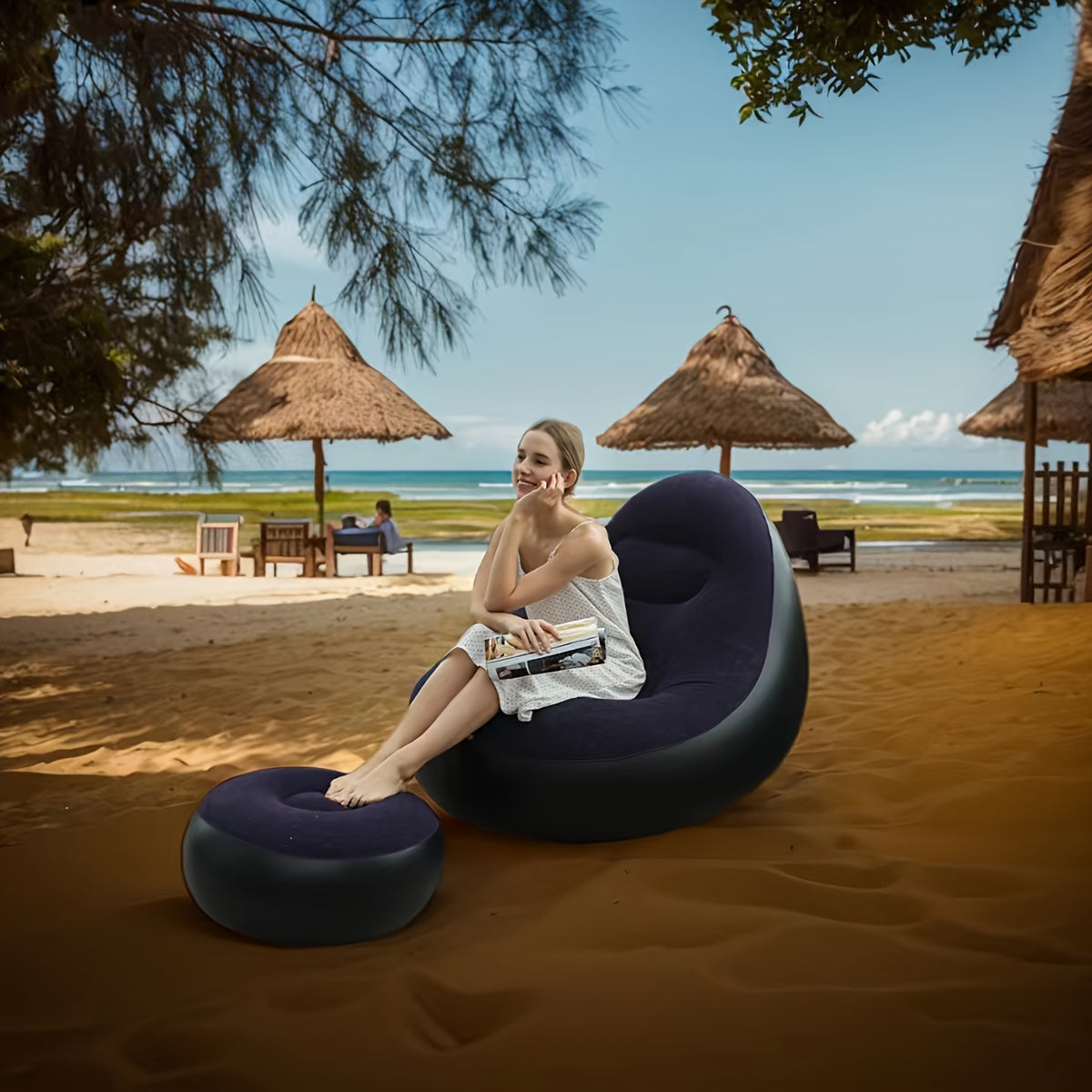 1pc Ergonomic Inflatable Plush Lounge Chair for Single Person - Portable & Foldable with Footrest, PVC Frame, Black & Beige, Ideal for Beach & Outdoor Relaxation