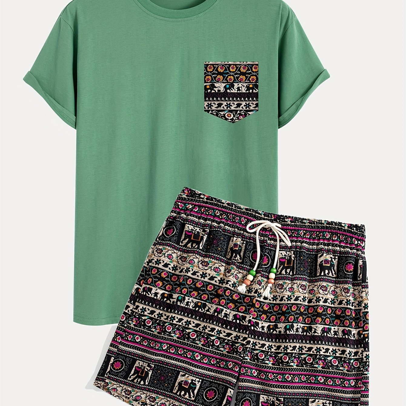 Boho Tribal Print Cotton T-Shirt and Shorts Set, Loose Fit, Crew Neck, Drawstring Bottoms, Knit Fabric, Spring Outfit.