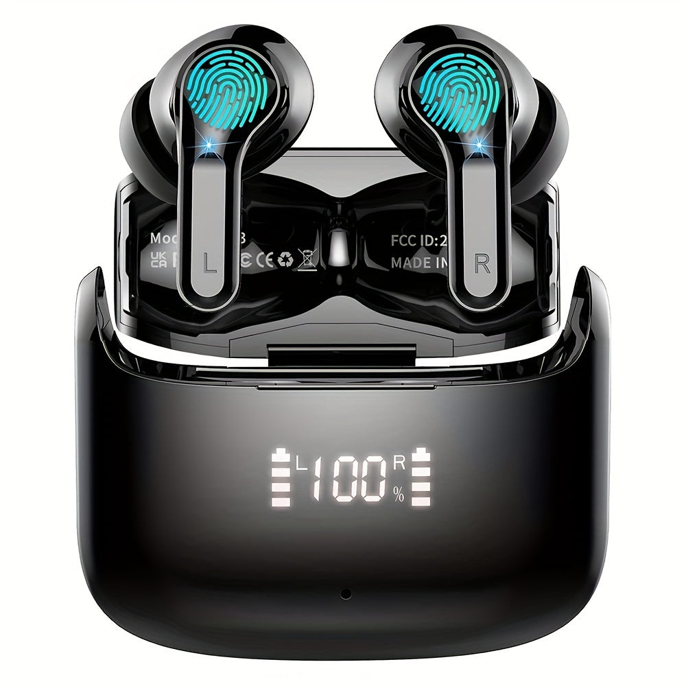 Wireless Earbud with Stereo Bass and Dual Mic Call for 40H, USB-C LED Display.