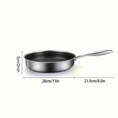 A durable kitchen essential, this 11-inch tri-ply stainless steel frying pan features non-stick coating and high sides for easy flipping and serving. It is oven and dishwasher safe, and compatible with induction, electric, and gas stoves.