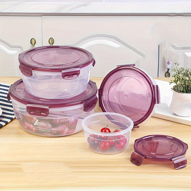 Set of 4 round plastic bowls with lids - microwave & outdoor safe, rust-proof, ideal for camping and refrigerator organization. Bento box design for sealed storage.